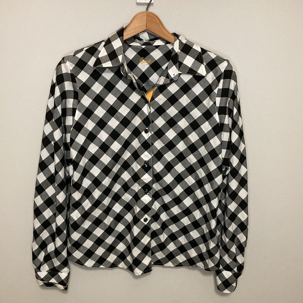 Foxcroft Black & White Buffalo Plaid Button Down Shirt Size Medium Wrinkle Free